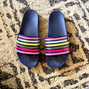 Joules slides. Indigo with rainbow stripe. Great for pool or beach!
